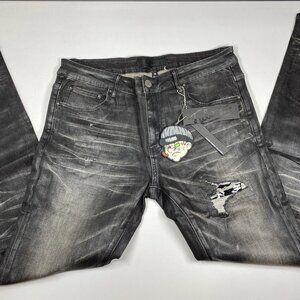 NEW TULONES Men’s Euro Skinny Jeans Coated Black Distressed Denim Size 36 NWT
